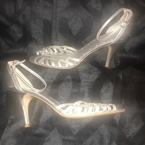 BCBGirls SILVER STRAPPY LEATHER HEELS